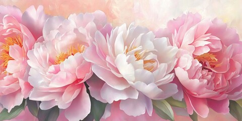 Fototapeta premium Panoramic arrangement of soft pink and white peonies with vibrant yellow centers on a gentle pastel background for Mother's Day celebration.