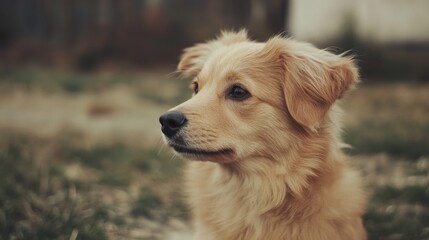Fototapeta premium Adorable fluffy golden puppy sitting outdoors, looking to the side.