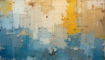 Abstract Textured Painting In Blues Yellows And Beige
