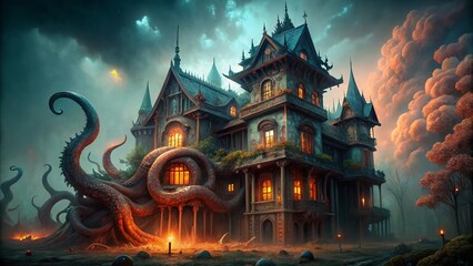 Fototapeta premium Gothic Mansion, Tentacled Horror, American Gothic, Dark Fantasy, Literary Monster