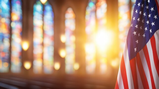 Majestic american flag displayed proudly in front of a classic church, symbol of patriotism, faith and community