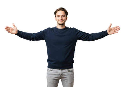 Friendly Young Man Open Arms Welcoming Gesture Studio Portrait Background guy male body happy model 