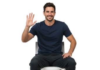 Happy Man Waving Sitting Chair Studio Portrait Casual Male Dark Hello Model Image Photo Human Person
