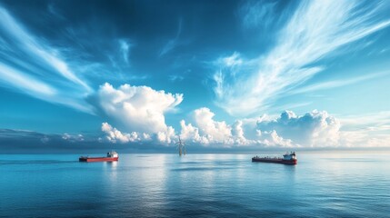 Naklejka premium Maritime renewable energy landscape, floating wind turbines, support vessels in motion, pristine seawater foreground, billowing white clouds, cerulean sky backdrop, professional marine photography,