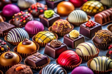 Gourmet Assorted Chocolates Aerial View, Delicious Sweets, Confectionery, Chocolate Box, Drone Photography