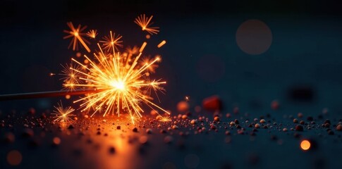 Fototapeta premium Fiery sparkler emits warm glow on dark surface, warmth, bokeh light, night