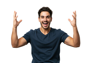 Fototapeta premium Excited Man Celebrating Success Happy Winning Joyful Portrait arms face male hands smile model black