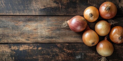 Obraz premium Fresh brown and red onions arranged on a dark aged wooden table in a top left cluster with a rustic background and ample negative space on the right.