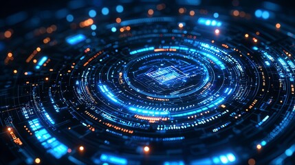 Futuristic digital interface with glowing circular elements and central processor.