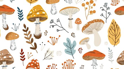 vector seamless pattern with mushrooms on a white background, with autumn colors, a simple design, flat color illustration