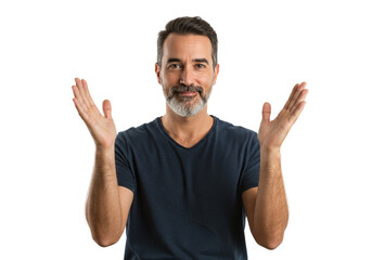 Naklejka premium Happy Mature Man Gesturing Open Hands Studio Shot Black Background Male Arms Adult Image Photo Human
