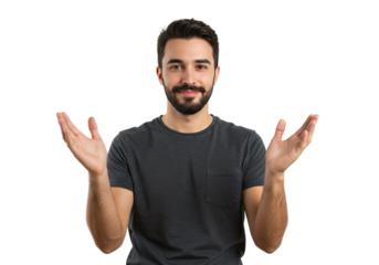 Friendly Man Presenting Hands Open Gesture Studio Portrait Black Background Male Show Happy Model   