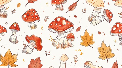 vector seamless pattern with mushrooms on a white background, with autumn colors, a simple design, flat color illustration