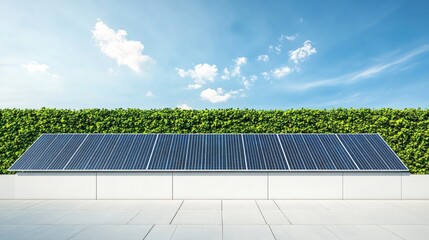 Sleek modern solar array installation, lush green privacy hedge backdrop, pristine white concrete wall, geometric arrangement of photovoltaic panels, bright blue summer sky with scattered cumulus