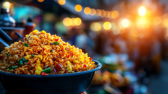 Indian Jhalmuri puffed rice snack, garnished with spices and served in a bustling Kolkata street scene, [South Asian snacks, vibrant zest]
