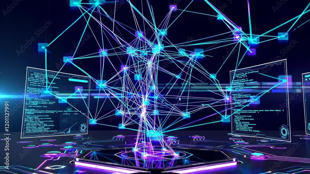 Poster exploring advanced technology through a dynamic digital network visualization with vibrant colors an