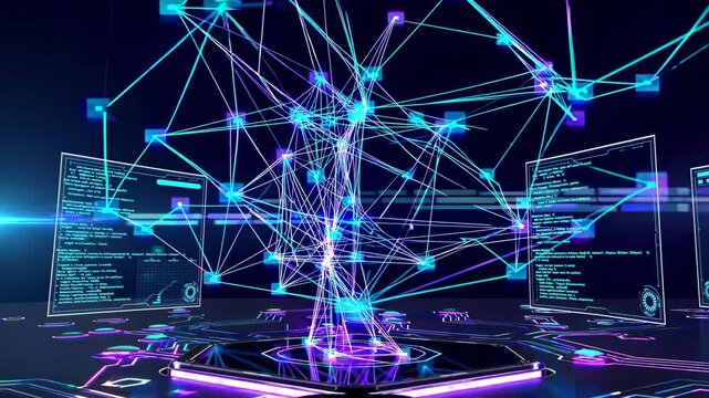 Exploring advanced technology through a dynamic digital network visualization with vibrant colors and intricate connections