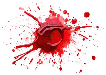 Red blood splatter with dynamic drops, isolated on transparent cutout background
