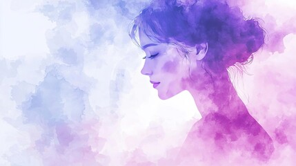 Fototapeta premium Watercolor concept. A serene portrait of a woman surrounded by soft, ethereal colors evoking calmness.