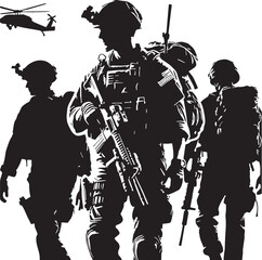 Black Color American soldiers with guns and backpacks Silhouette Vector