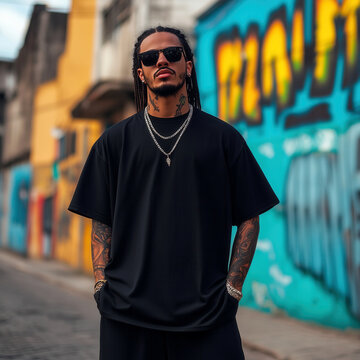Urban street vibes, black oversized t-shirt mock up. Cool guy in sunglasses with dreads, tattooed hands. Youth, student young male model posing against graffiti background. Blank tee template	