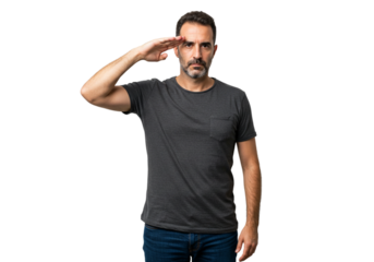 Serious Man Saluting Dark Background Studio Portrait Respectful Gesture male gray face black adult  