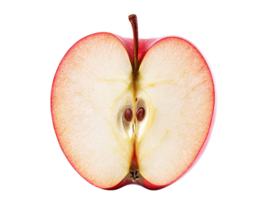Half of a fresh red apple with seeds, isolated on transparent cutout background