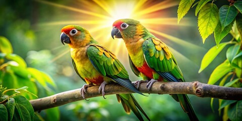 Fototapeta premium Green Cheek & Sun Conure Parrots on Lush Tropical Branch
