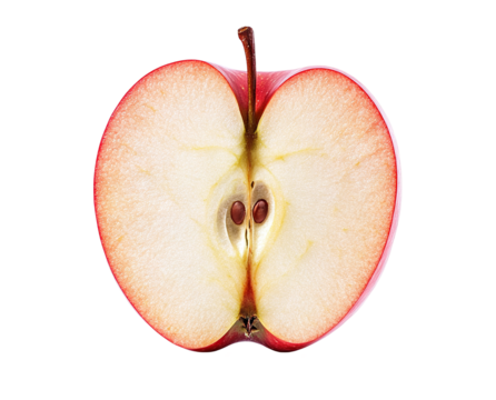 Half of a fresh red apple with seeds, isolated on transparent cutout background