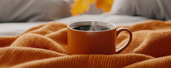 A cozy scene featuring a steaming cup of coffee on a soft, orange blanket, perfect for a relaxed morning or cozy afternoon.
