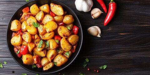 Roasted golden potatoes with red bell pepper and garlic in a black bowl on dark wood table overhead view green herbs garnish vibrant colors