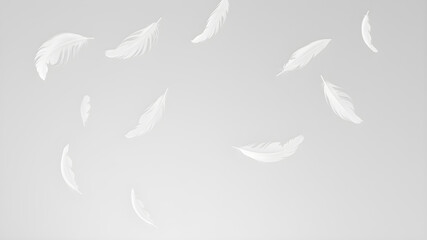 Fototapeta premium White feathers flying on gray background. Generative AI