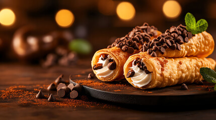 Italian Cannoli crispy pastry shells, filled with ricotta and chocolate chips in a festive Sicilian setting, [Mediterranean desserts, cultural indulgence]