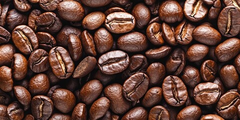 Fototapeta premium Close-up of various dark roasted coffee beans with rich brown tones scattered randomly, showcasing their unique textures and shapes.