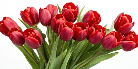 Obraz premium Vibrant red tulips beautifully arranged in a lush bouquet with green leaves against a clean white backdrop showcasing their elegance and freshness.