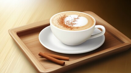 Fototapeta premium Aromatic Cappuccino in a White Cup on a Wooden Tray - A Cozy Coffee Scene