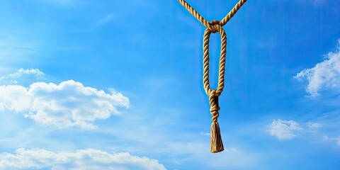 Fototapeta premium Rope noose hanging against a clear blue sky with soft white clouds creating ample negative space for text placement and design elements