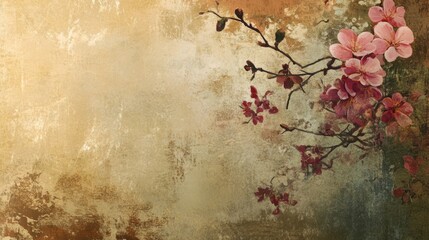 Beautiful cherry blossom branches with delicate pink flowers against a textured golden background in a serene setting