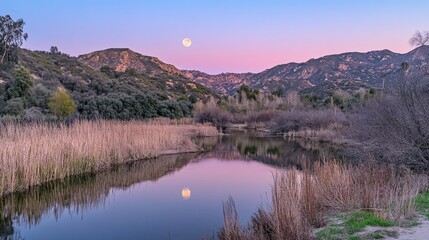 A clear full moon reflecting in a peaceful river winding through a quiet valley