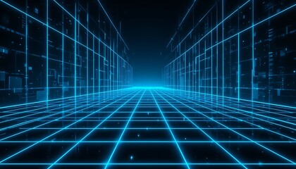 Abstract Digital Corridor Glowing Neon Lines Grid