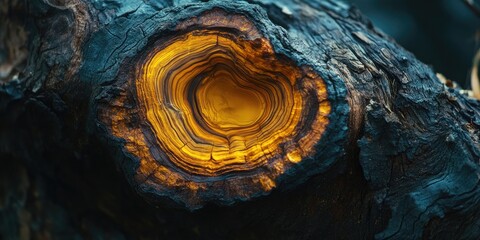 Vibrant amber resin encased in dark textured wood showcasing concentric rings prominently centered on a rustic tree trunk against a blurred background
