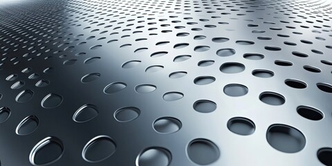 Silver metallic backdrop featuring circular perforations with a smooth gradient, ideal for industrial and technological design applications.
