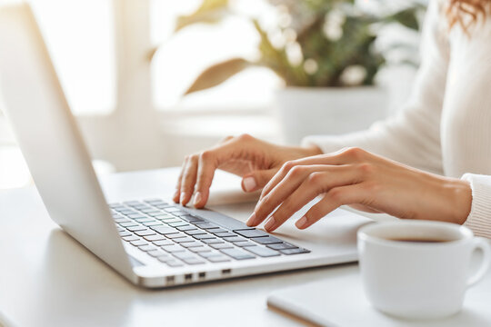 Busy morning with coffee and laptop at home office.