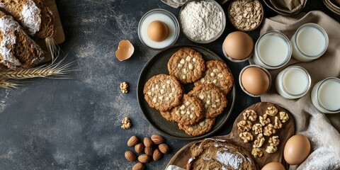 Fototapeta premium Rustic kitchen scene with baking ingredients including jars of milk eggs flour and cookies with hazelnuts on a dark surface Aerial view with ample copy space