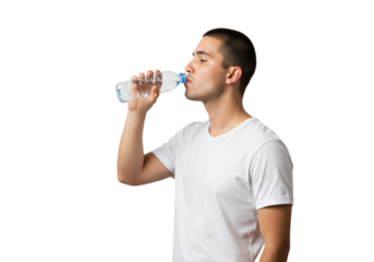 Young Man Drinking Refreshing Pure Water Bottle Thirsty Healthy Lifestyle Male Cool Clear White     
