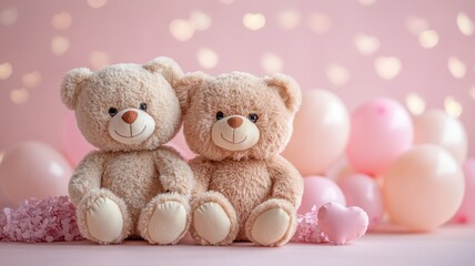Fototapeta premium Two cute teddy bears sitting next to each other in pink background, blurried hearts andd balloons. Valentine's Day banner