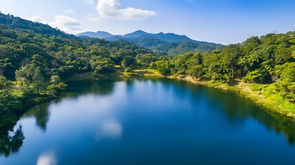Fototapeta premium Serene mountain lake nestled among lush green forests