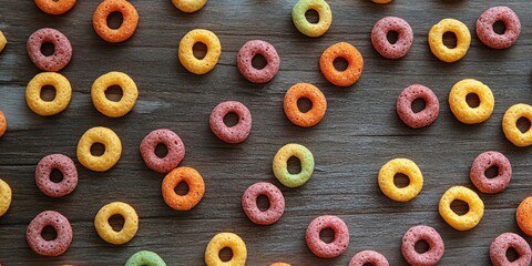 Fototapeta premium Colorful round children's cereal scattered on a rustic brown wooden table with a varied arrangement of pink, orange, green, and yellow pieces.