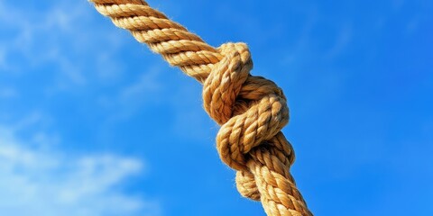 Knot tied in natural rope centered against a clear blue sky with soft clouds showcasing bright colors and ample copy space for text