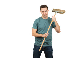 Man Holding Broom Cleaning Service Happy Worker Studio Job Task Male Tool Sweep Image Photo Adult   